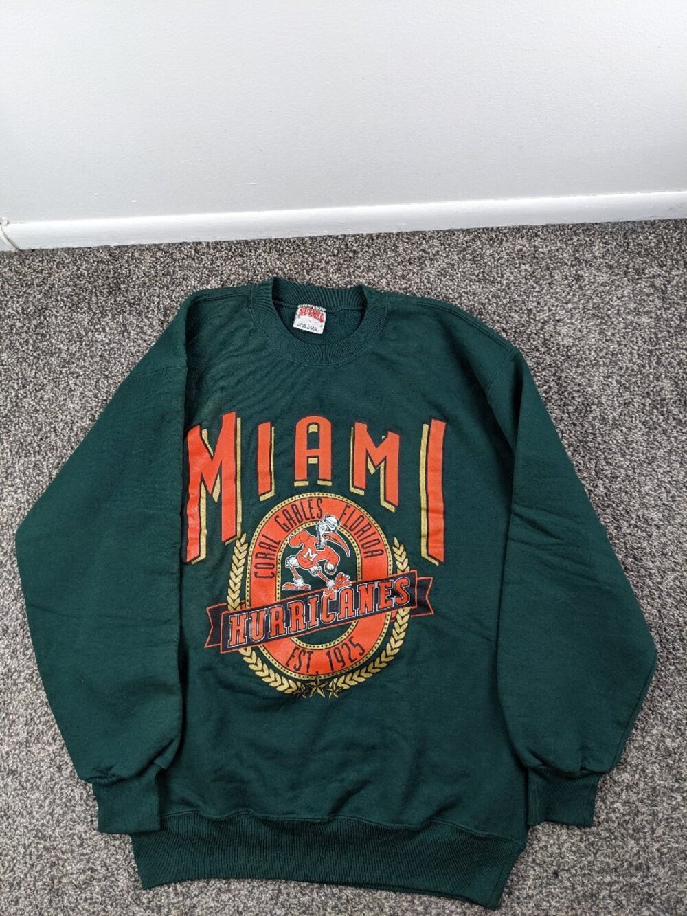Vintage Miami Hurricanes Sweatshirt Nutmeg Mills Big Logo Mens Large USA Made - Picture 2 of 9